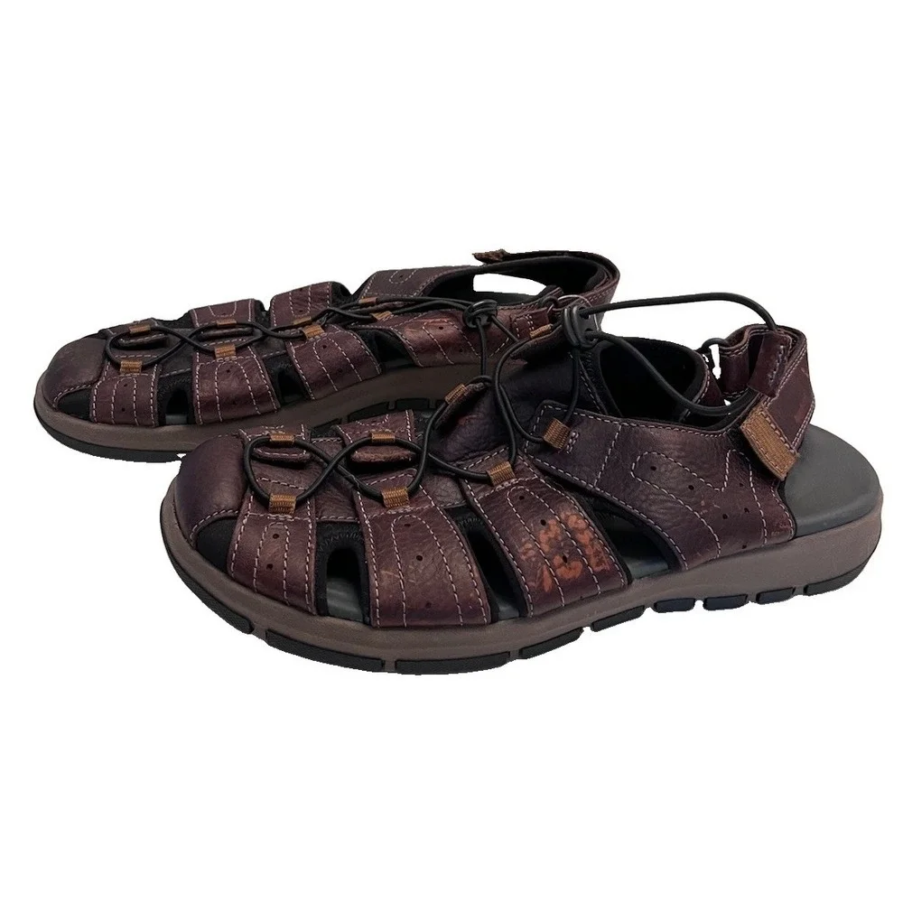 New CLARK'S Sz 13 Brixby Cove Dark Brown Leather Fisherman Sandals Pls Read Flaw